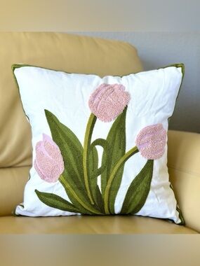 18x18 Embroidered Spring Easter Pastel Pink Tulips Throw Pillow Cover New